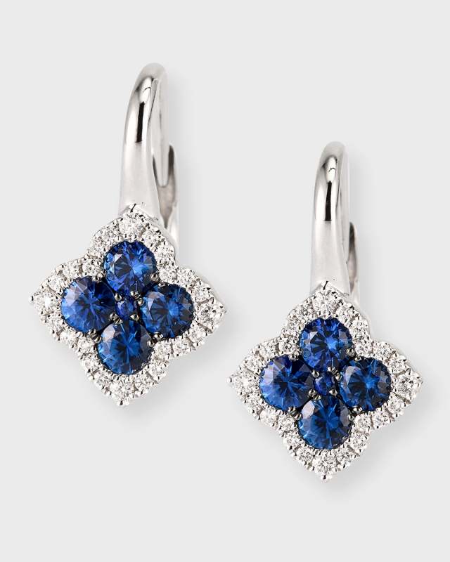 18K White Gold Diamond and Sapphire Flower Drop Earrings